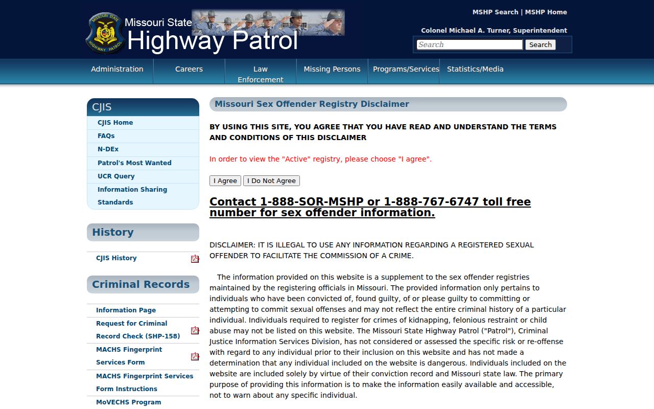 Polk County sex offender search disclaimer and MSHP contact information